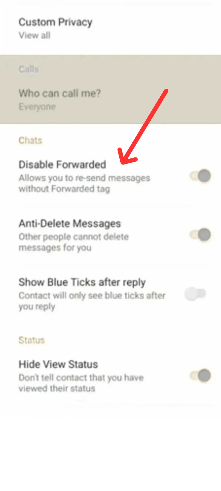 disable forwarded tag shot FM WhatsApp