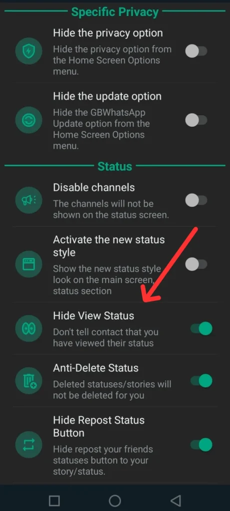 hide view status screen shot of FM WhatsApp